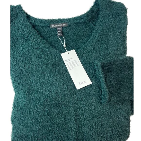 $278 Eileen Fisher Organic Cotton Eyelash V-Neck Sweater | Sz XS, Pine Green NEW - Picture 4 of 10